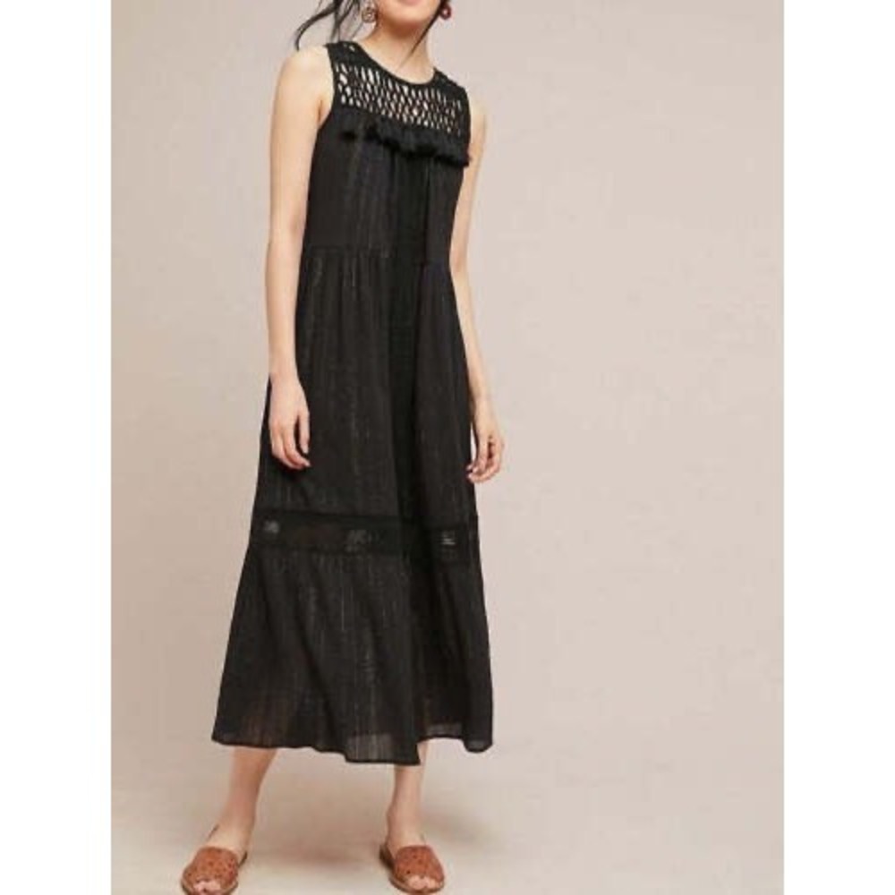 Maeve Anthropologie Black Gold Metallic Stripe Crochet Tassel Dress Small Petite